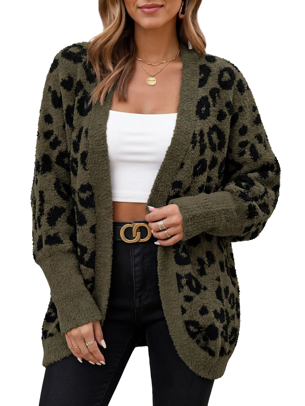 Leopard Print Fuzzy Knit Cardigan – Cozy Open Front Oversized Sweater, Casual Fall & Winter Layering