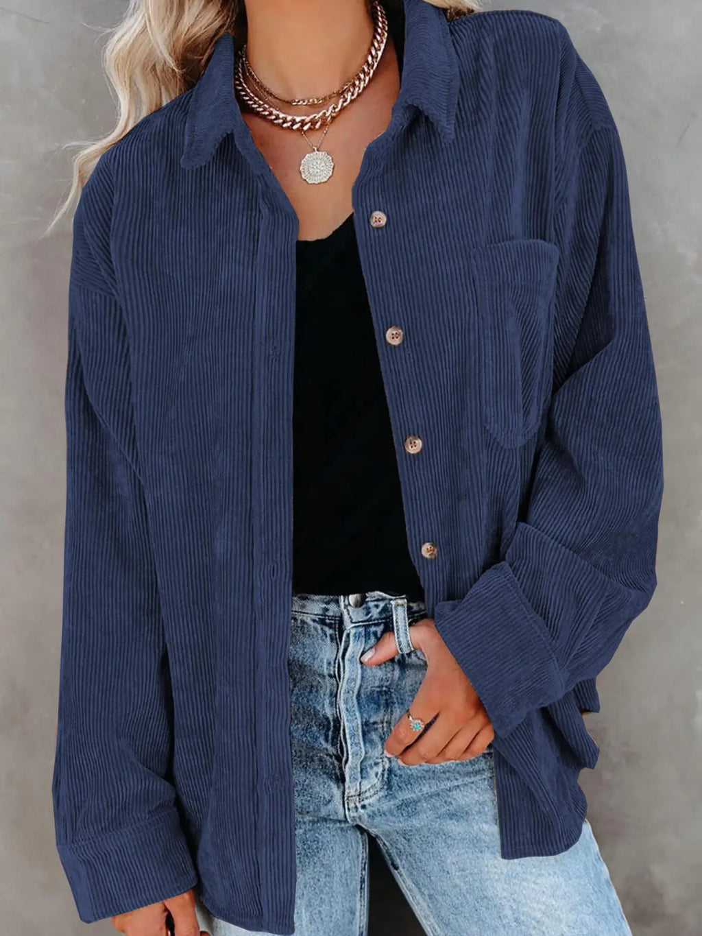 Women’s Oversized Corduroy Button-Down Shirt – Casual Long Sleeve Pocket Shacket with Drop Shoulder