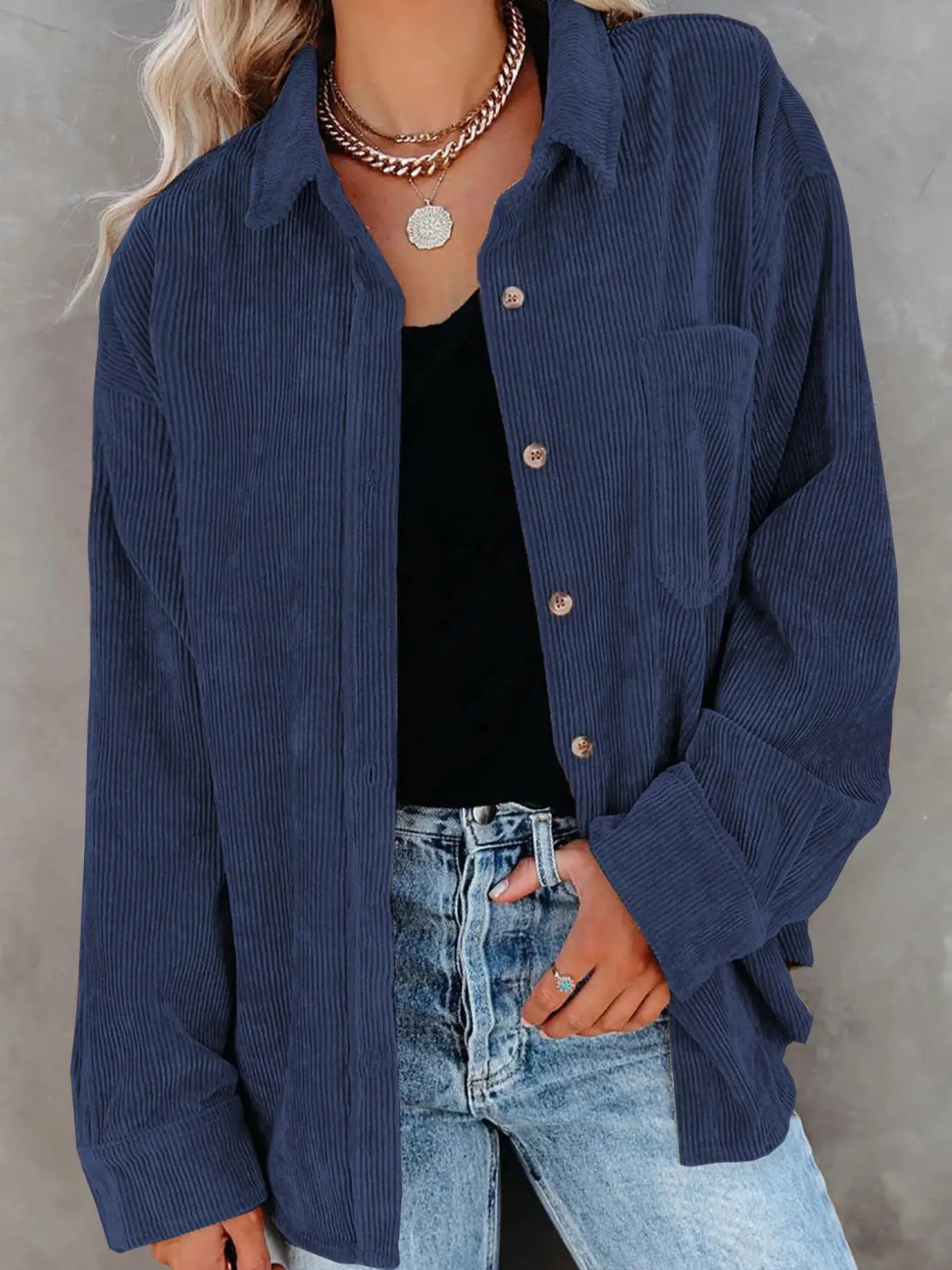 Women’s Oversized Corduroy Button-Down Shirt – Casual Long Sleeve Pocket Shacket with Drop Shoulder