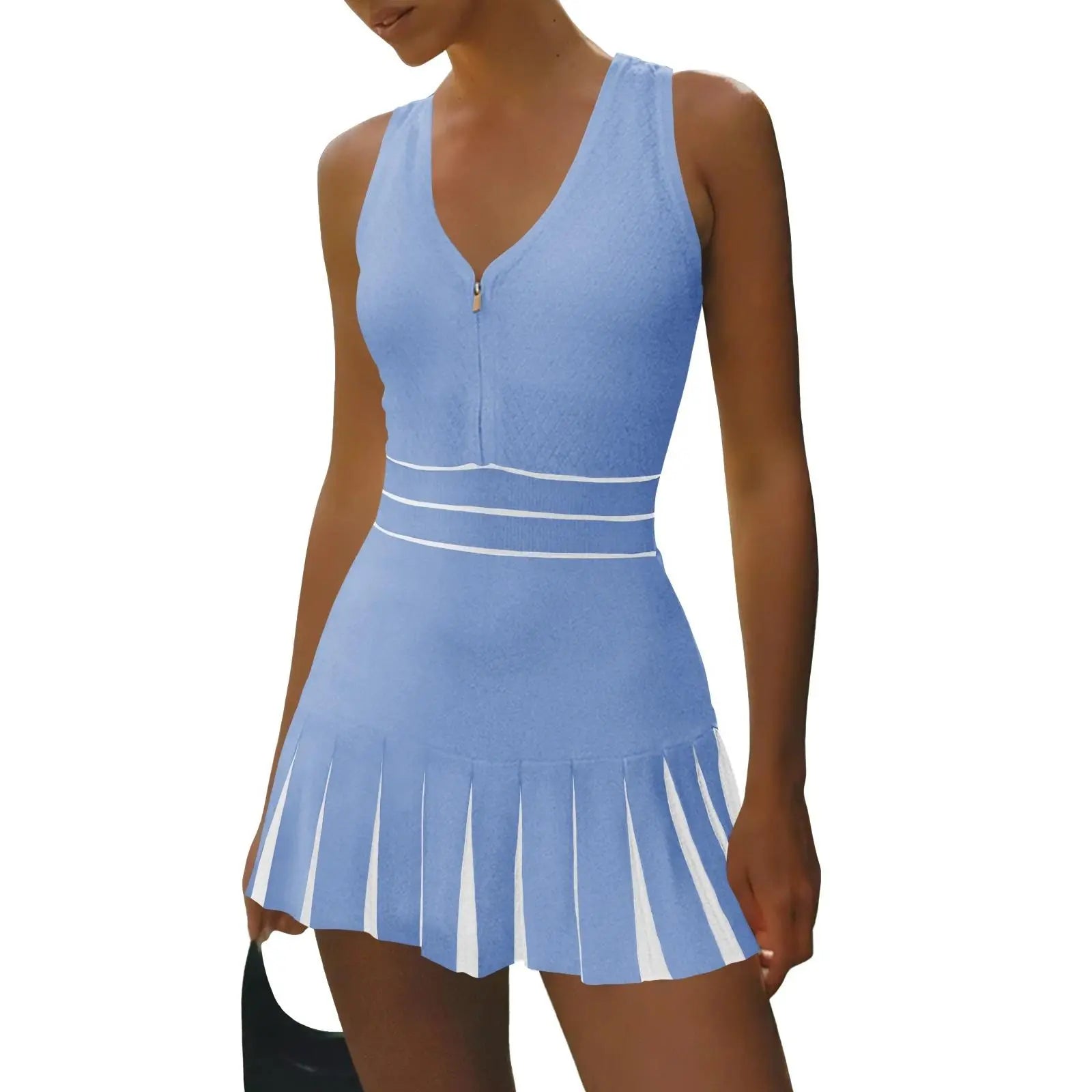 Women's Zip-Front Tennis Dress – Sleeveless Racerback Athletic Dress with Built-In Shorts, Pleated Golf & Pickleball Activewear