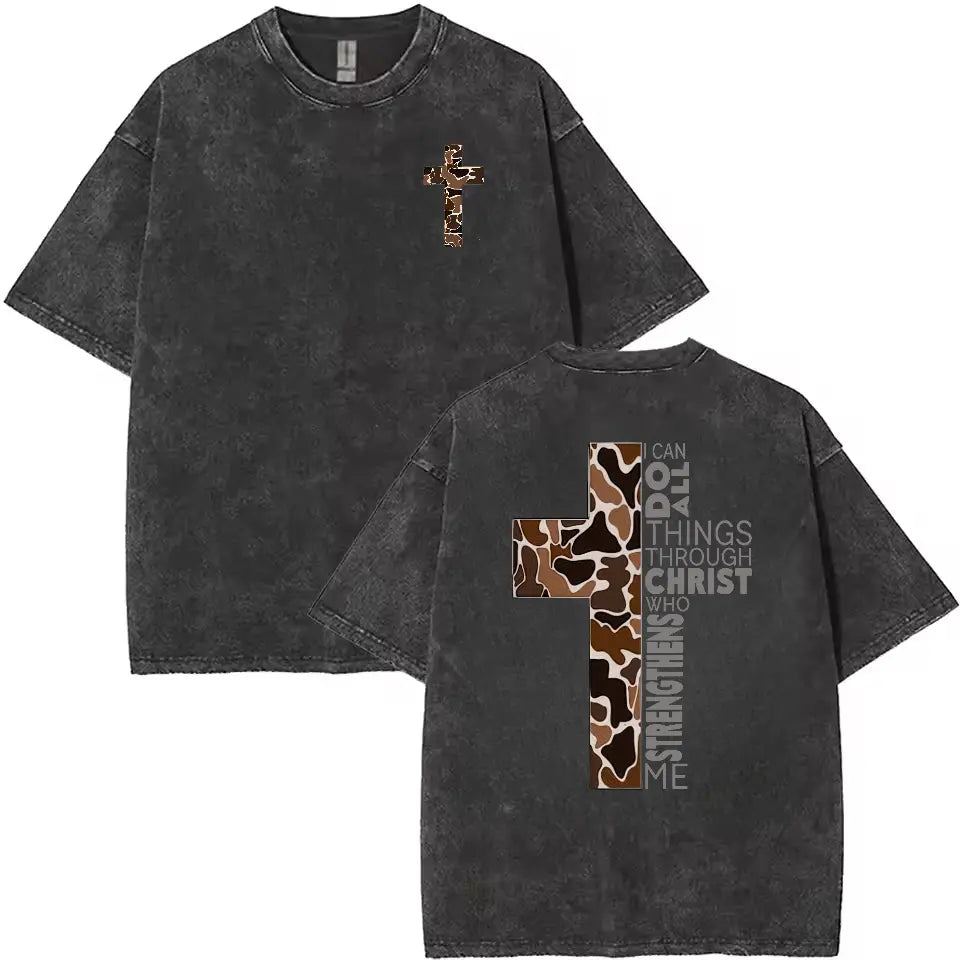 Philippians 4:13 Graphic T-Shirt, Sweatshirt & Hoodie – I Can Do All Things Through Christ Camo Cross Christian Faith Print