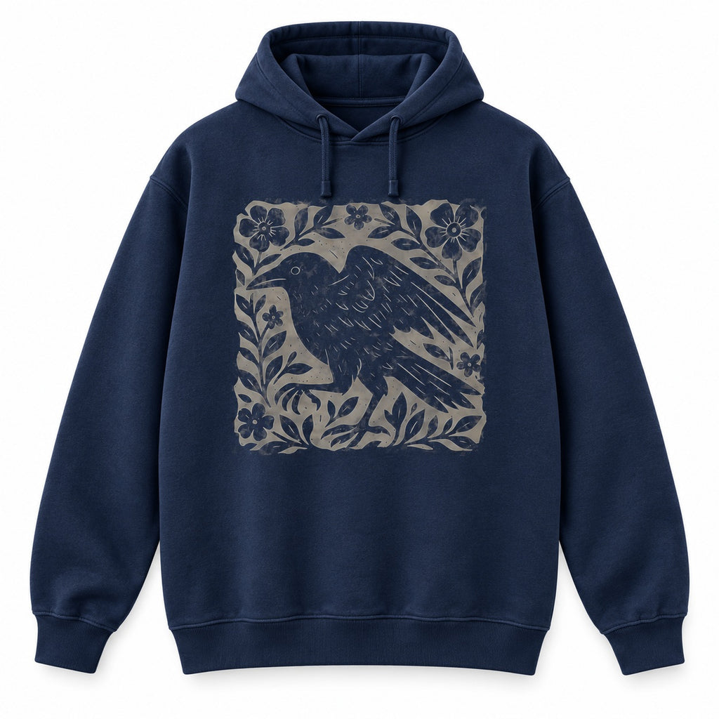 Gothic Raven Floral T-Shirt, Sweatshirt & Hoodie – Vintage Linocut Crow Graphic, Dark Academia Witchy Style