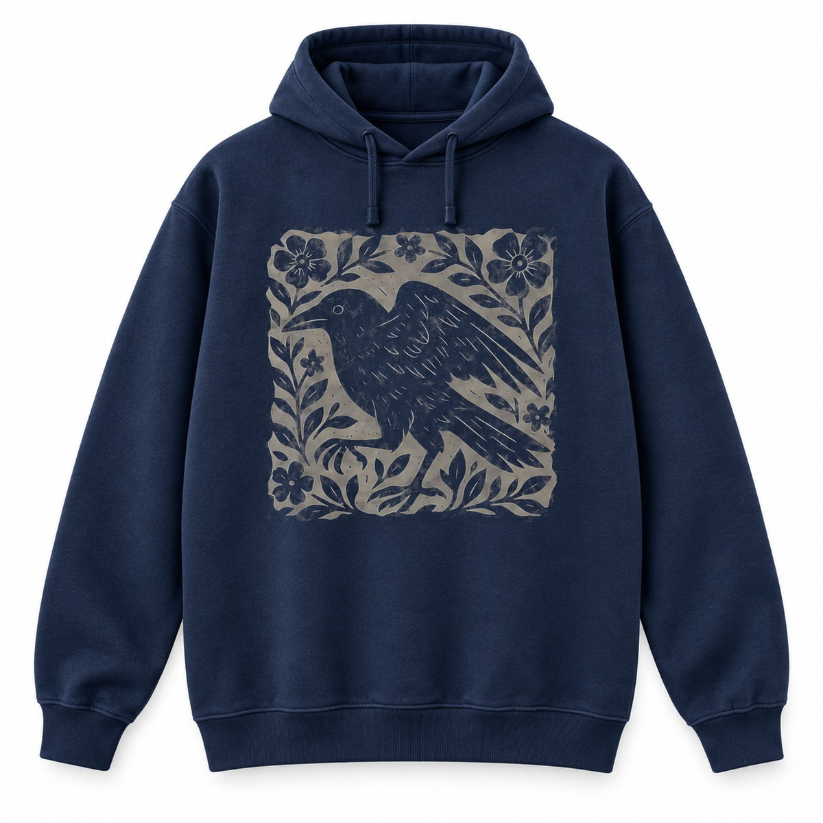 Gothic Raven Floral T-Shirt, Sweatshirt & Hoodie – Vintage Linocut Crow Graphic, Dark Academia Witchy Style