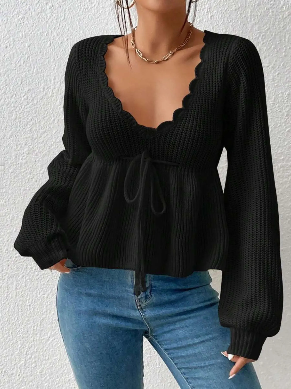 Women’s Deep V-Neck Peplum Knit Sweater – Scallop Trim Tie-Front Top with Bishop Sleeves, Feminine Fall Knitwear