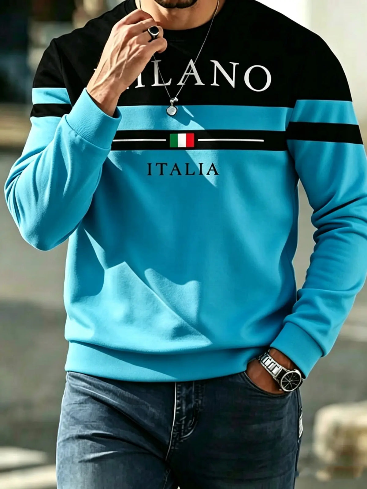 Milano Italy Graphic Sweatshirt – Italian Flag Colorblock Stripe Crewneck Pullover