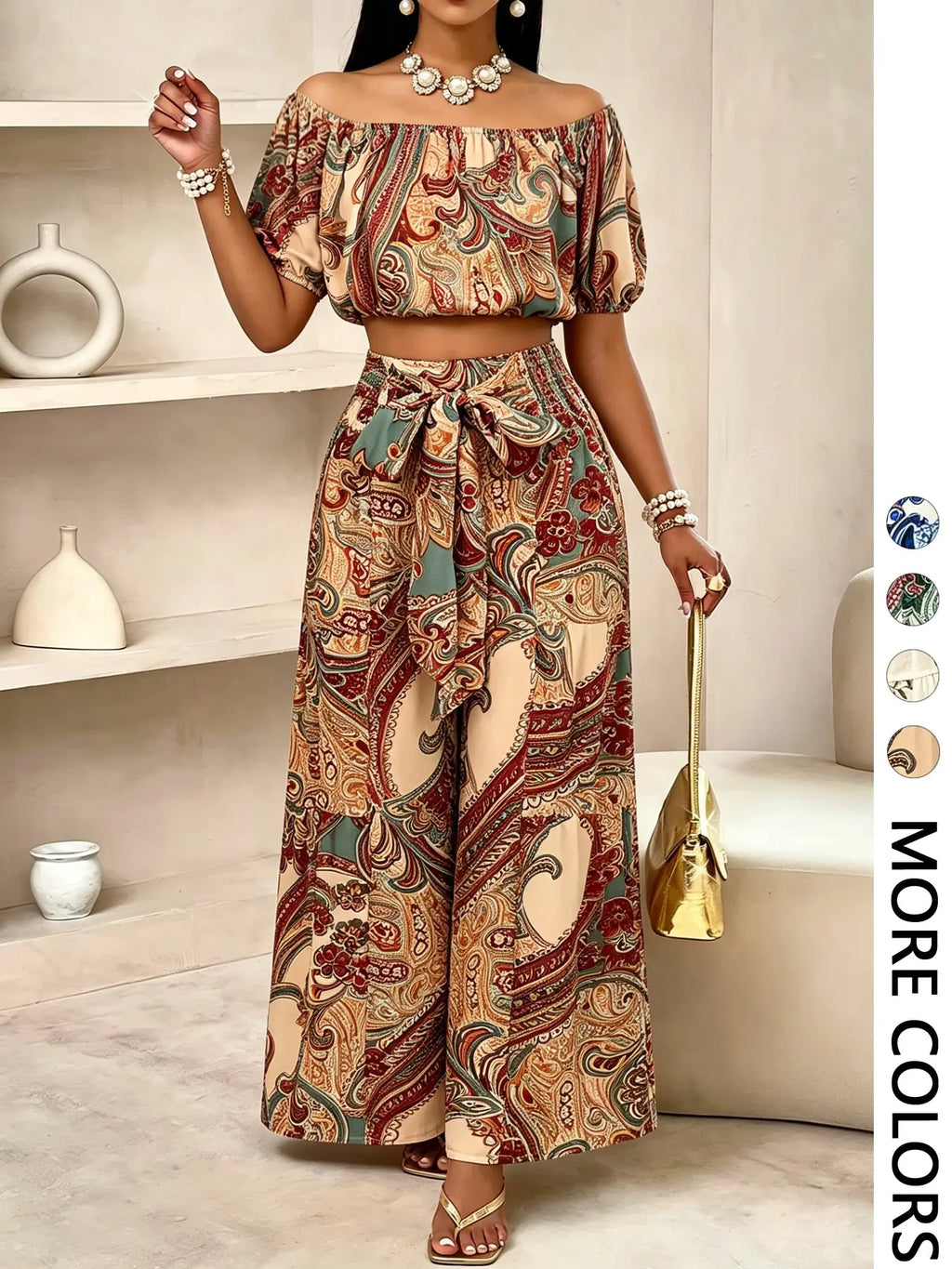 Women's Paisley Print Boho Two Piece Set – Off Shoulder Bubble Sleeve Top & High Waist Wide Leg Pants, Vacation Resort Outfit