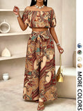 Women's Paisley Print Boho Two Piece Set – Off Shoulder Bubble Sleeve Top & High Waist Wide Leg Pants, Vacation Resort Outfit