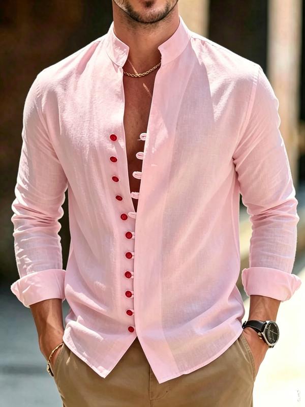 Men’s Stand Collar Linen Shirt – Button Front Long Sleeve Casual Shirt, Minimalist Summer Resort Style