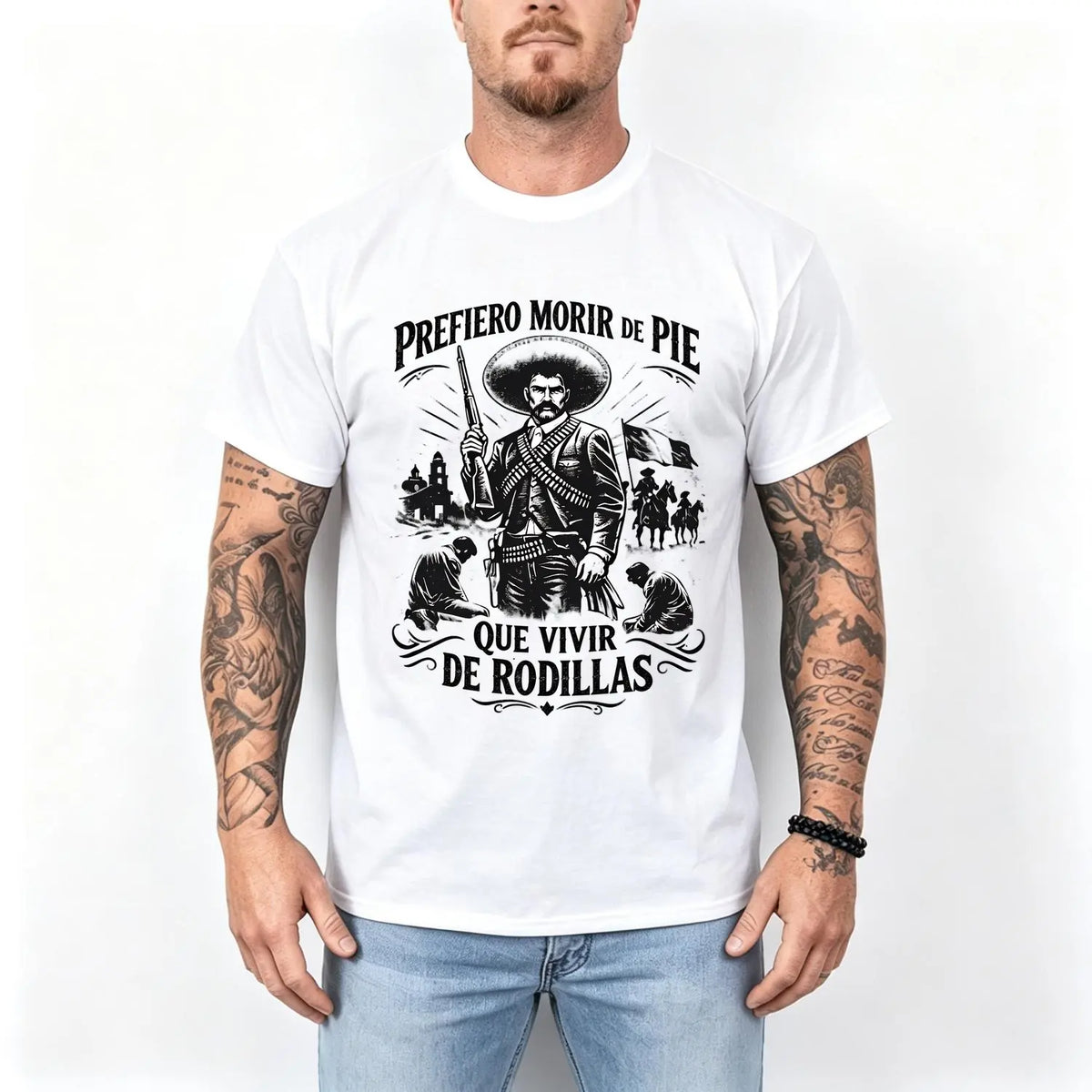 Prefiero Morir de Pie Que Vivir de Rodillas Graphic T-Shirt, Sweatshirt & Hoodie – Mexican Revolution Inspired Vintage Print, Mexican Heritage Apparel