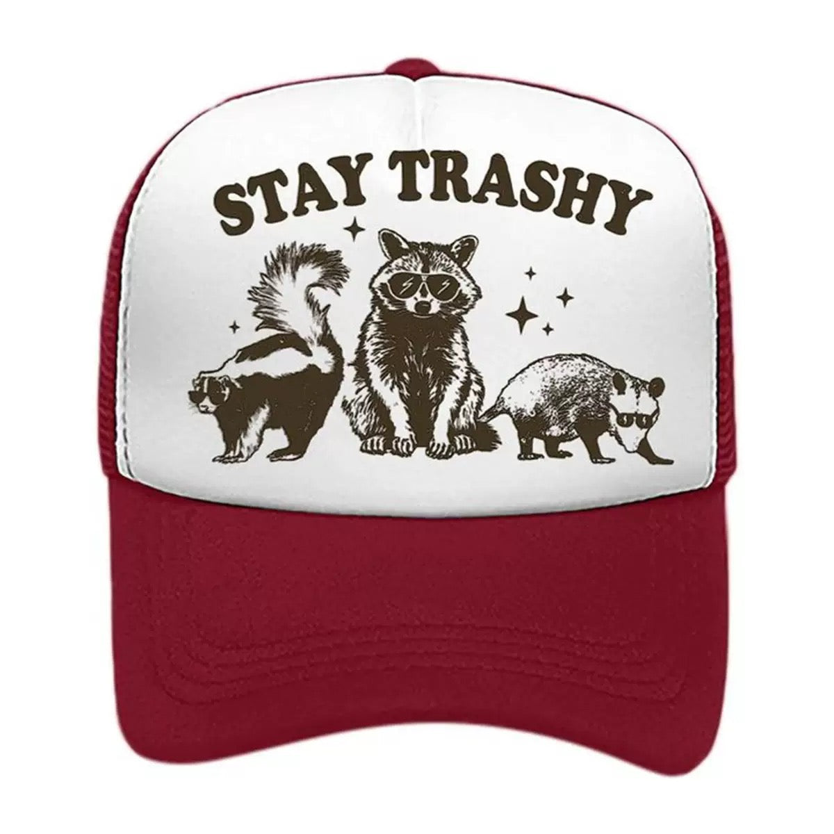 Stay Trashy Foam Trucker Hat – Funny Woodland Animal Graphic Mesh Baseball Cap for Men & Women