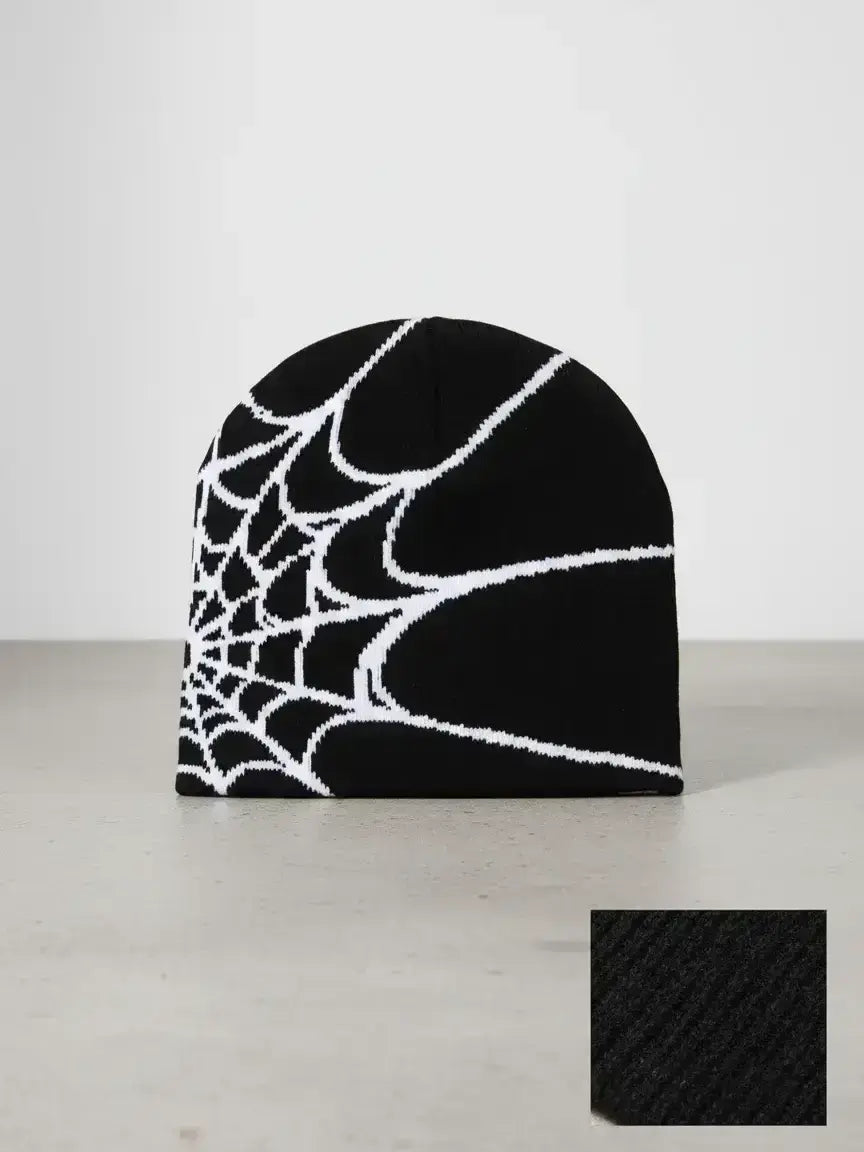 Y2K Spider Web Knit Beanie – Gothic Web Graphic Winter Hat, Unisex Streetwear Skull Cap for Fall & Winter