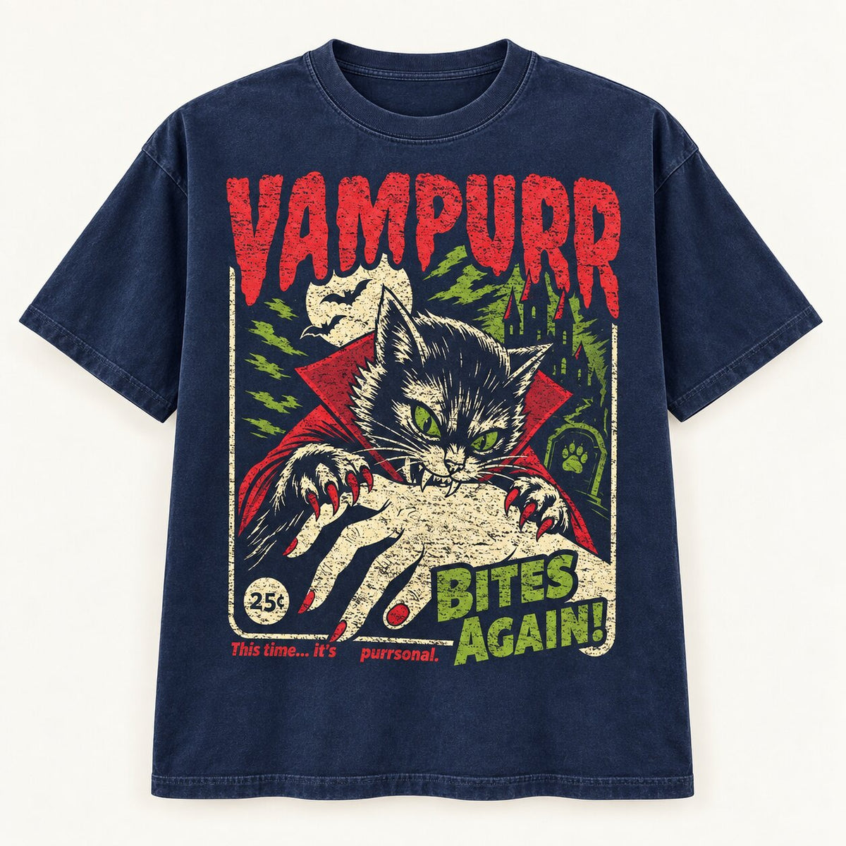 Vampurr Vampire Cat Halloween Graphic T-Shirt, Sweatshirt & Hoodie – Funny Retro Horror Bites Again Spooky Cat Design
