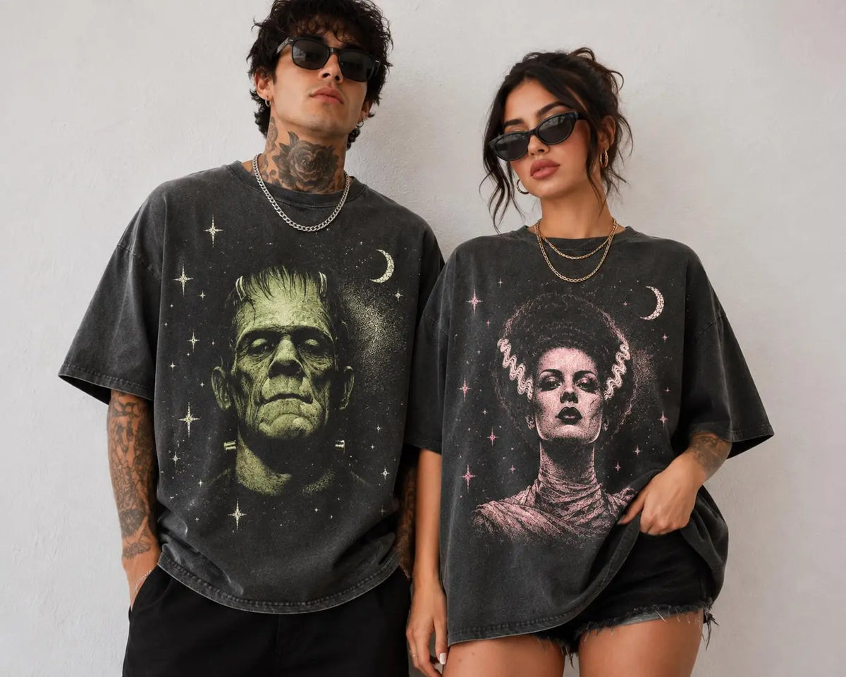 Frankenstein & Bride Celestial Couple Graphic T-Shirt, Sweatshirt & Hoodie – Retro Horror Halloween Matching Shirt