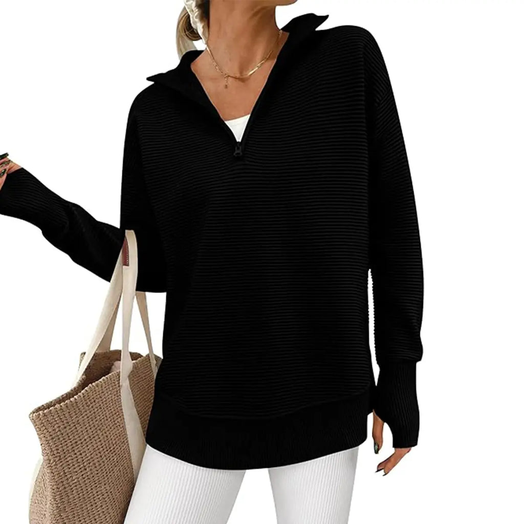 Women's Quarter Zip Ribbed Knit Pullover – Loose Fit Collared V Neck Sweater Top, Casual Long Sleeve Layering Shirt