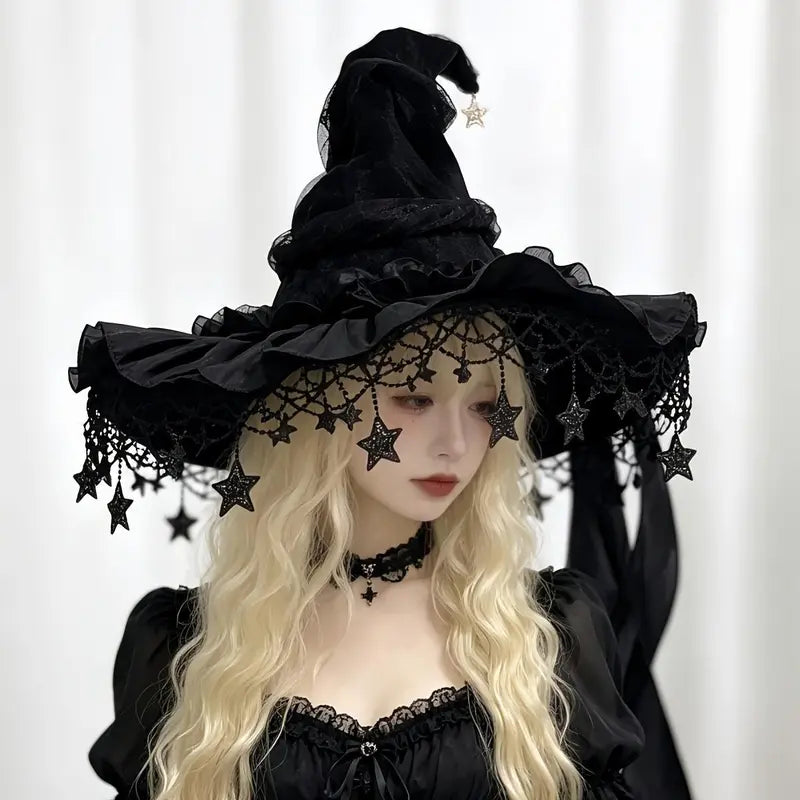 Women’s Gothic Witch Hat with Tulle & Long Satin Ribbon Bow – Star & Moon Charm Ruffle Brim Halloween Costume Hat