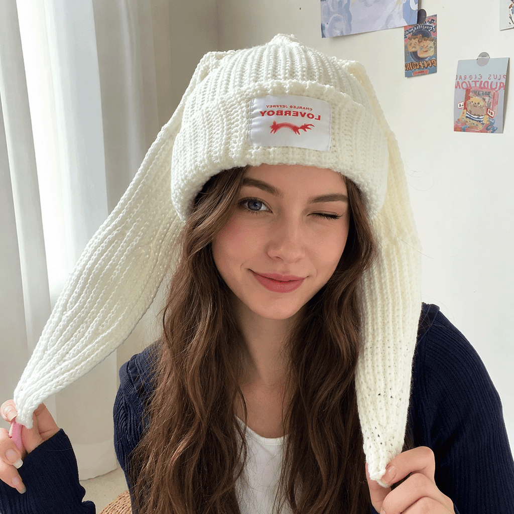Women's Y2K Long Bunny Ear Beanie – Cute Oversized Rabbit Ear Knit Hat, Trendy Warm Winter Fashion Accessory