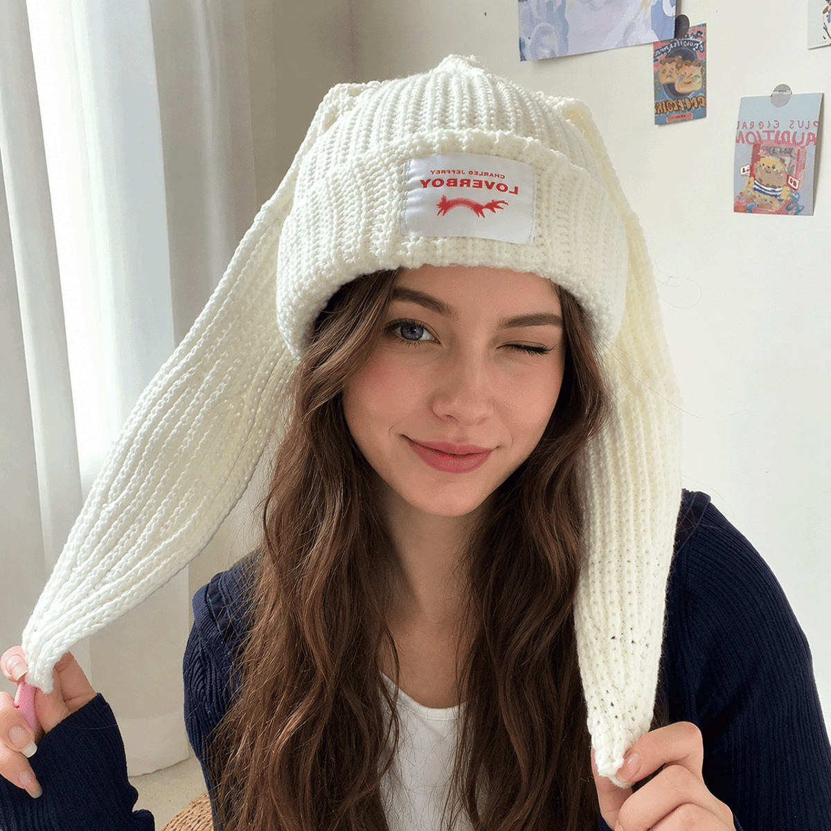 Women's Y2K Long Bunny Ear Beanie – Cute Oversized Rabbit Ear Knit Hat, Trendy Warm Winter Fashion Accessory