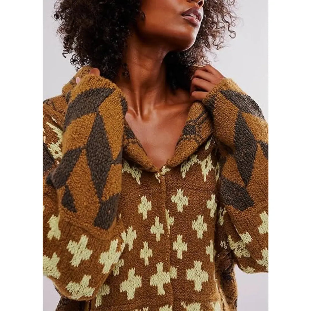 Unisex Oversized Patterned Knit Cardigan – Vintage Boho Button-Front Sweater, Relaxed Long Sleeve Casual Fall Streetwear