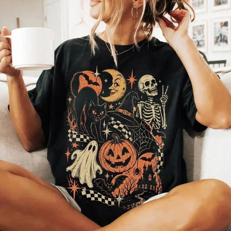 Retro Halloween Black Cat Ghost & Skeleton T-Shirt, Sweatshirt & Hoodie – Spooky Cute Vintage Graphic Apparel
