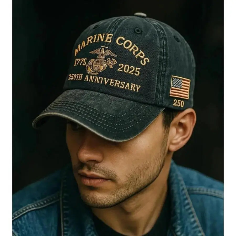 Marine Corps 250th Anniversary Embroidered Baseball Cap – 1775–2025 Vintage Washed Military Tribute Hat for Veterans & Patriots