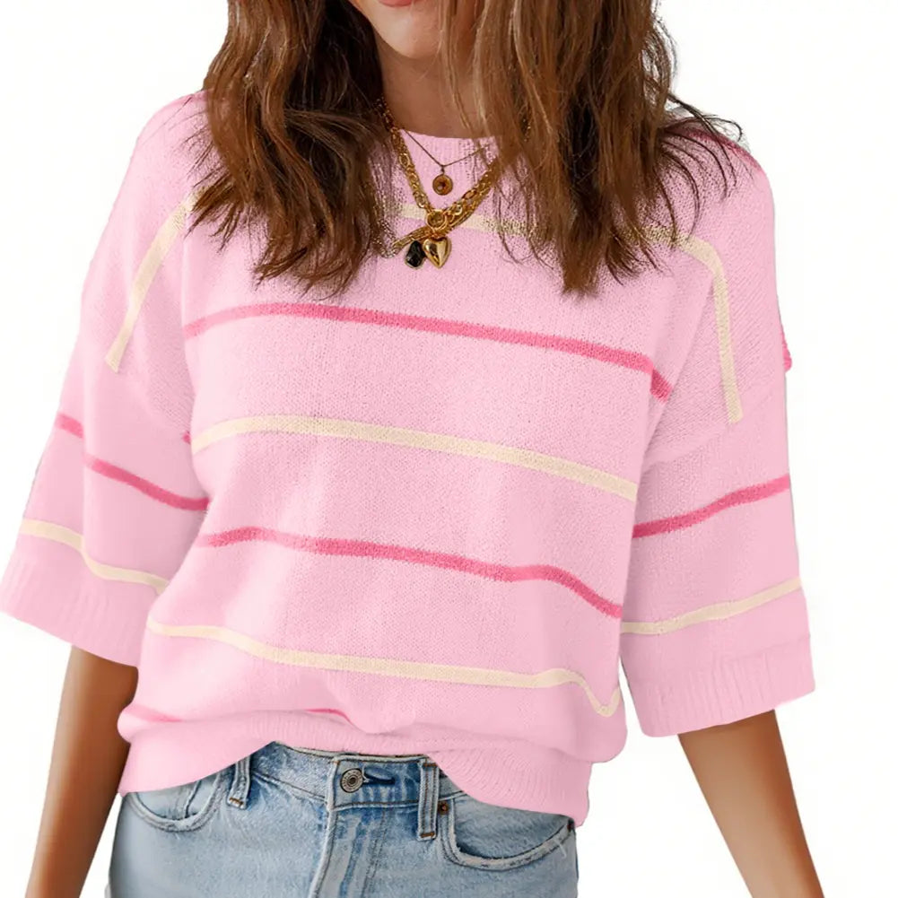 Women's Striped Knit Short Sleeve Sweater – Casual Loose Fit Crew Neck Pullover Top, Lightweight Everyday Wear