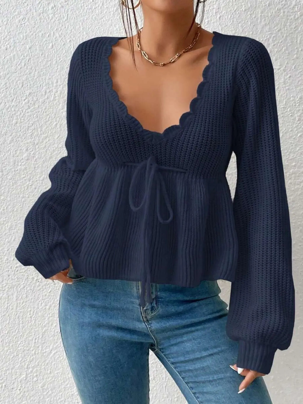 Women’s Deep V-Neck Peplum Knit Sweater – Scallop Trim Tie-Front Top with Bishop Sleeves, Feminine Fall Knitwear