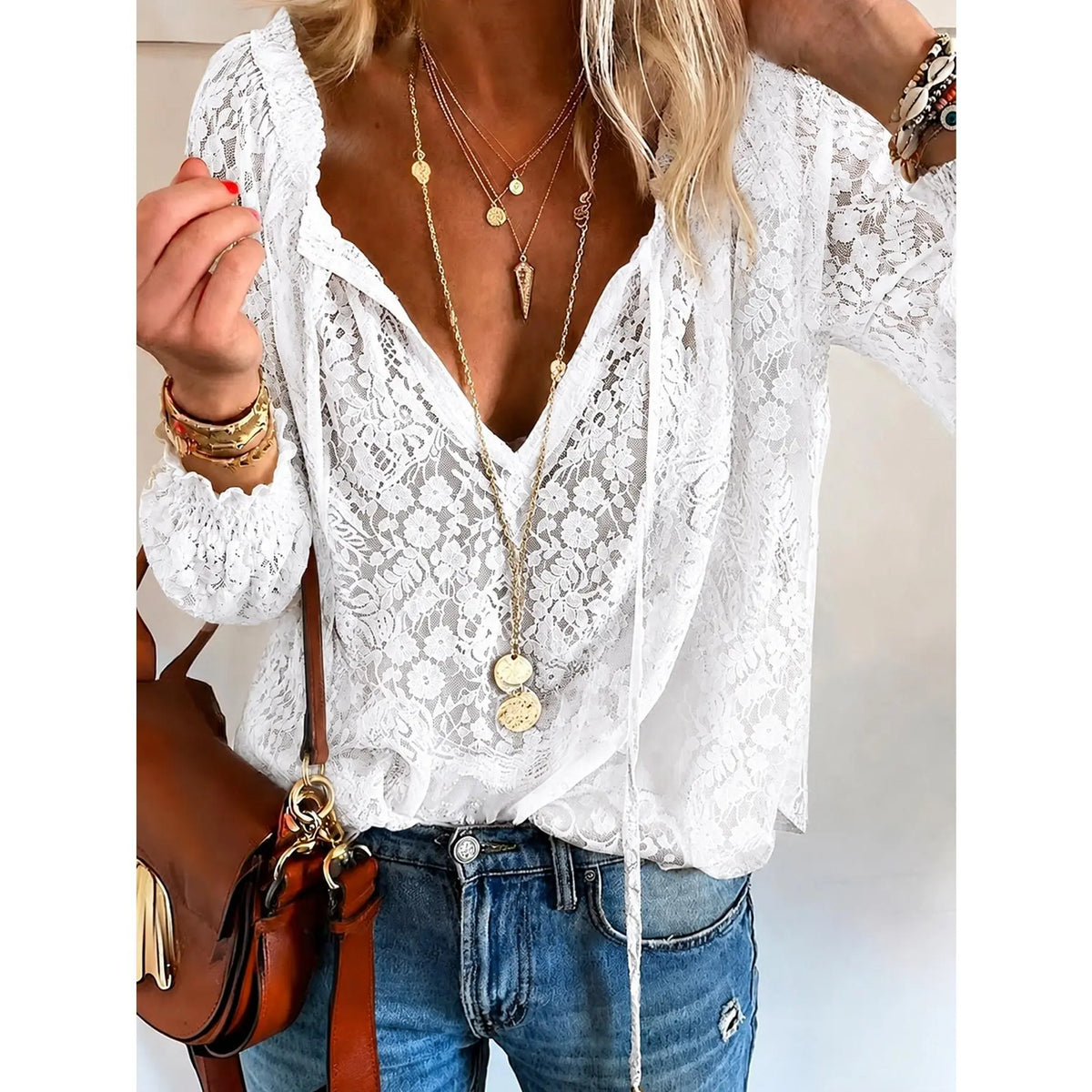 Women's Floral Lace V-Neck Blouse – Sheer Long Sleeve Tie-Front Top, Romantic Boho Casual Style
