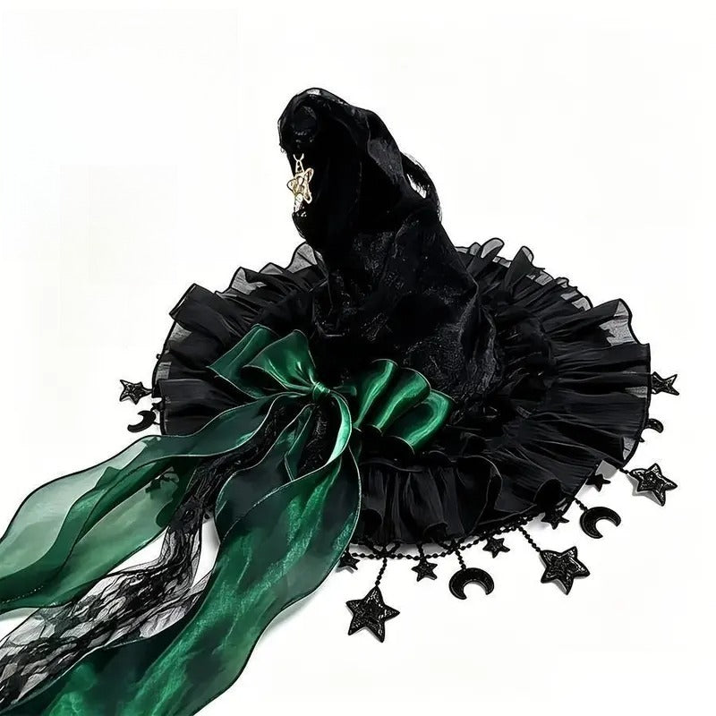 Women’s Gothic Witch Hat with Tulle & Long Satin Ribbon Bow – Star & Moon Charm Ruffle Brim Halloween Costume Hat
