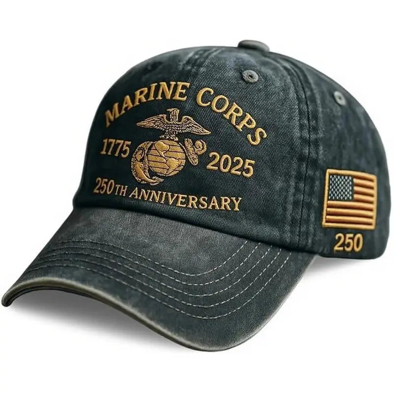 Marine Corps 250th Anniversary Embroidered Baseball Cap – 1775–2025 Vintage Washed Military Tribute Hat for Veterans & Patriots