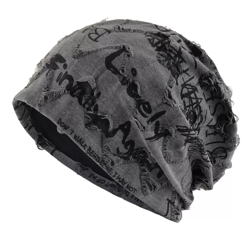 Vintage Graffiti Print Slouchy Beanie – Streetwear Graphic Skull Cap, Soft Stretch Knit Hat for Men & Women