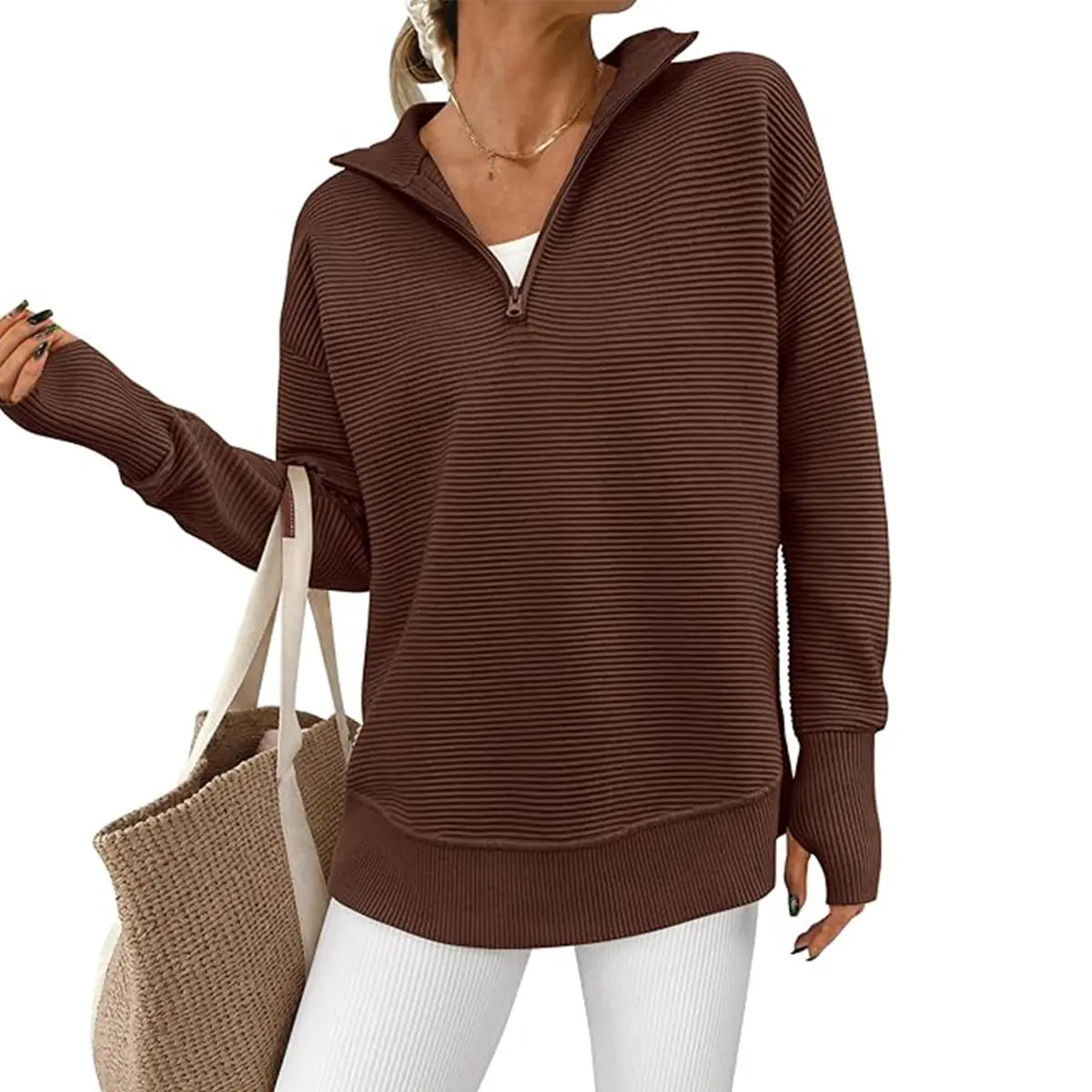 Women's Quarter Zip Ribbed Knit Pullover – Loose Fit Collared V Neck Sweater Top, Casual Long Sleeve Layering Shirt