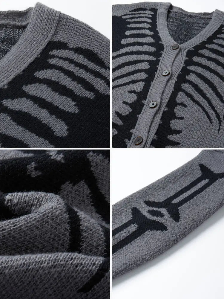 Men’s Skeleton Rib Cage Knit Cardigan – Gothic V-Neck Button-Up Sweater, Oversized Halloween Streetwear