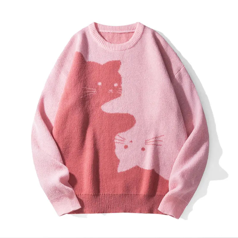 Funny Cat Graphic Knit Sweater – Oversized Crew Neck Pullover, Cute Black & White Cat Pattern Long Sleeve Knitwear, Casual Cozy Fall Winter Streetwear