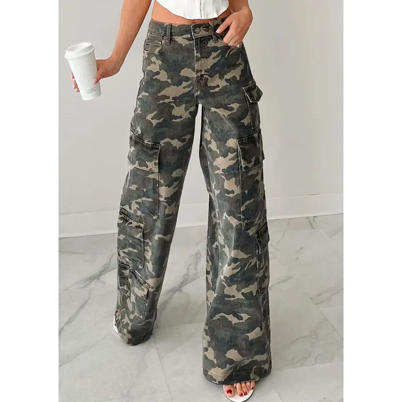 Women’s Y2K Camo Wide Leg Cargo Jeans – Multi-Pocket Denim Pants, Casual Streetwear Utility Jeans