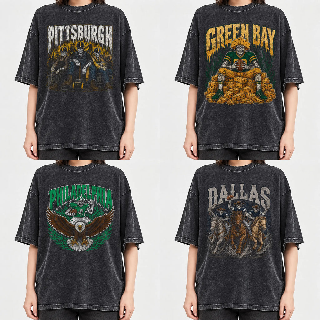 All 32 Teams Football Skull Vintage Graphic T-Shirt, Sweatshirt & Hoodie – Retro Game Day Football Fan Design