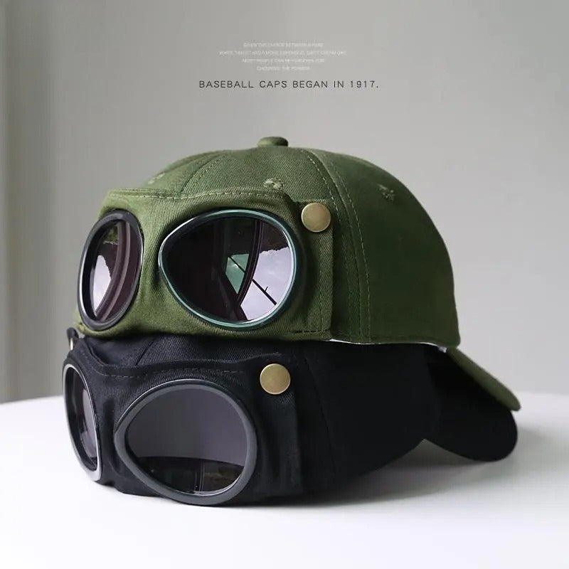 Men's Pilot Goggle Baseball Cap – Korean Streetwear Aviator Hat with Retro Glasses Detail, Casual Outdoor Snapback Cap