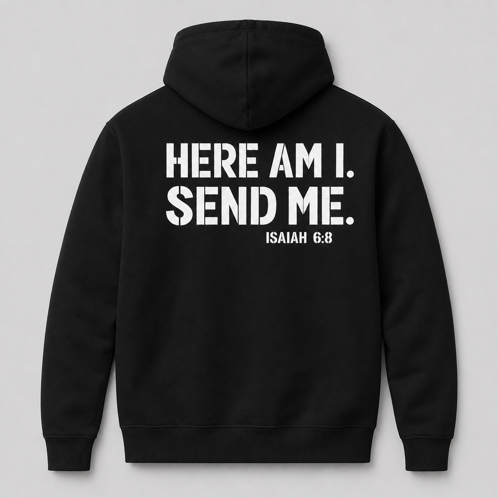Here Am I Send Me Graphic T-Shirt, Sweatshirt & Hoodie – Isaiah 6:8 Christian Bible Verse Print, Faith Statement Apparel