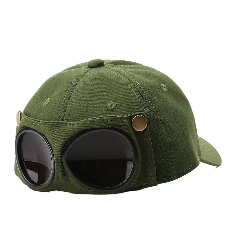 Men's Pilot Goggle Baseball Cap – Korean Streetwear Aviator Hat with Retro Glasses Detail, Casual Outdoor Snapback Cap