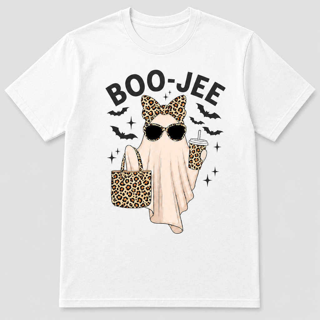Boo-Jee Ghost Graphic T-Shirt, Sweatshirt & Hoodie – Leopard Print Halloween Ghost, Funny Coffee Spooky Season Apparel