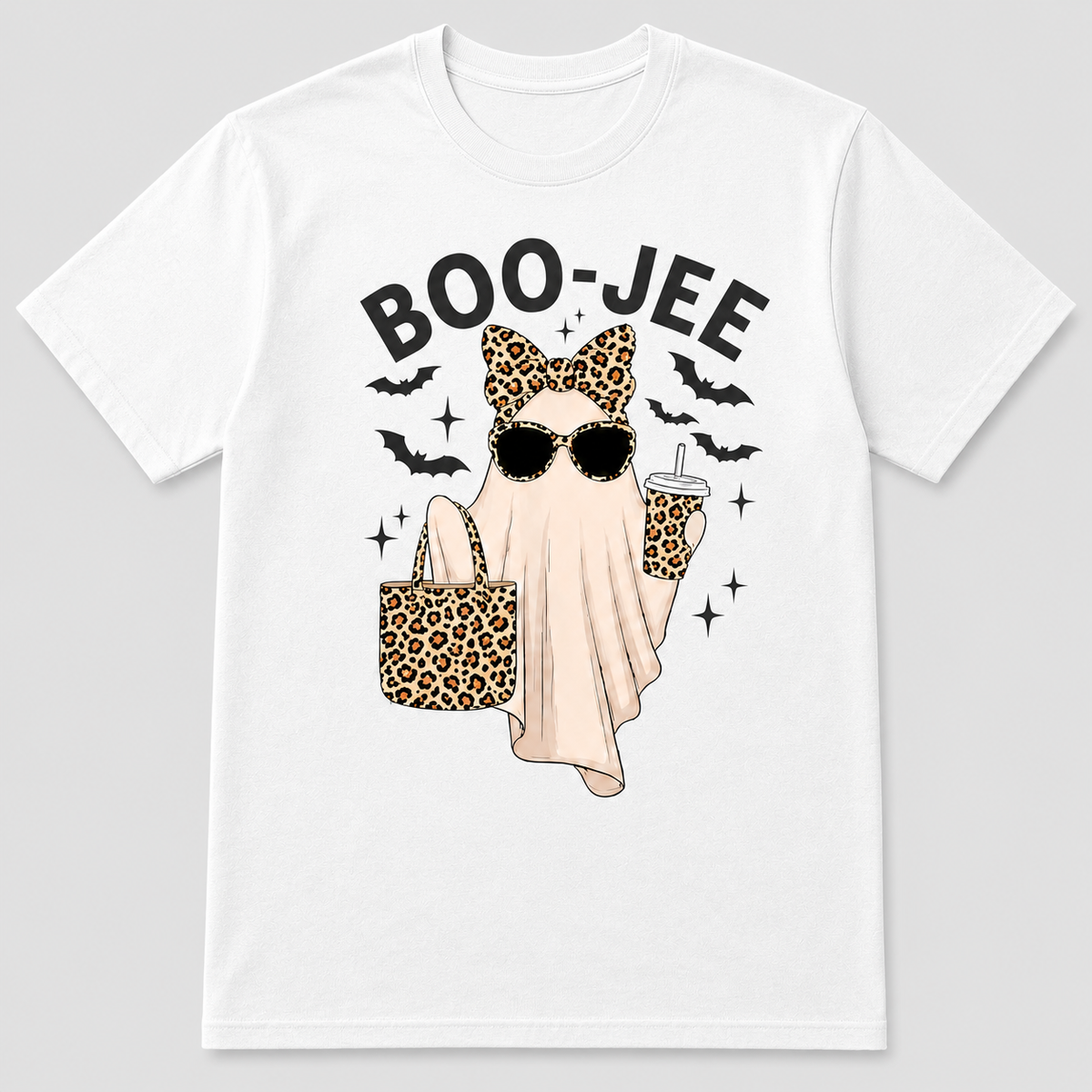 Boo-Jee Ghost Graphic T-Shirt, Sweatshirt & Hoodie – Leopard Print Halloween Ghost, Funny Coffee Spooky Season Apparel