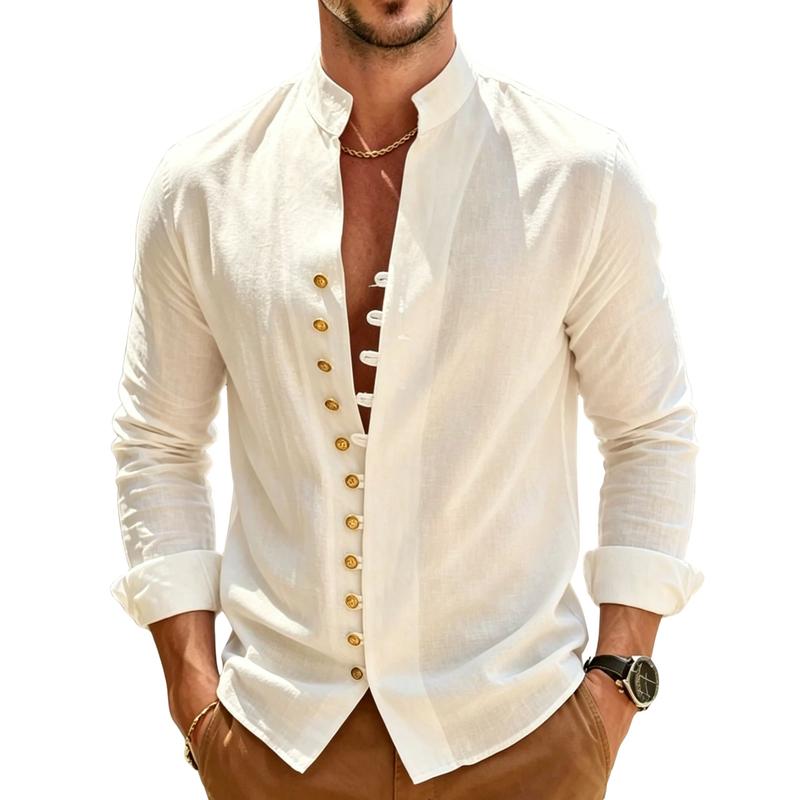 Men’s Stand Collar Linen Shirt – Button Front Long Sleeve Casual Shirt, Minimalist Summer Resort Style