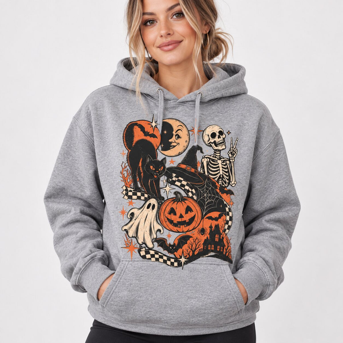 Retro Halloween Black Cat Ghost & Skeleton T-Shirt, Sweatshirt & Hoodie – Spooky Cute Vintage Graphic Apparel