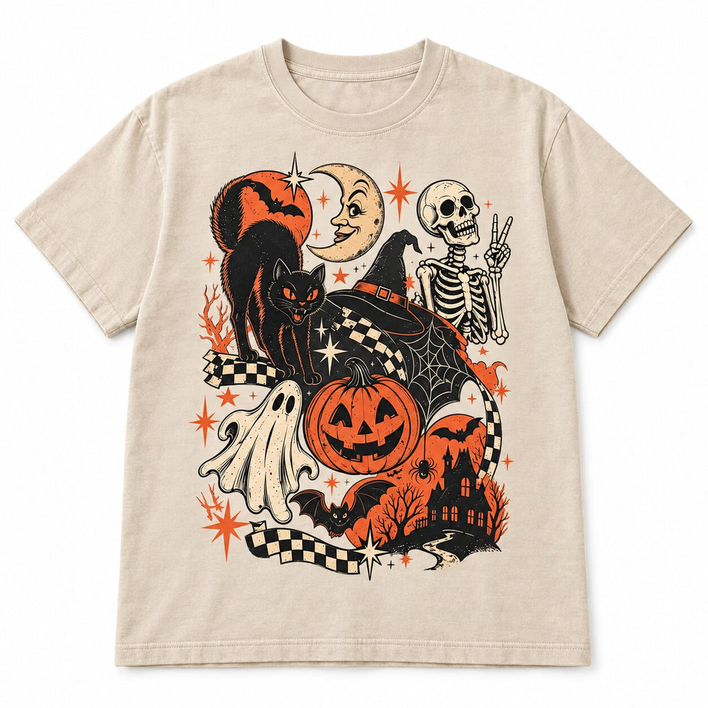 Retro Halloween Black Cat Ghost & Skeleton T-Shirt, Sweatshirt & Hoodie – Spooky Cute Vintage Graphic Apparel