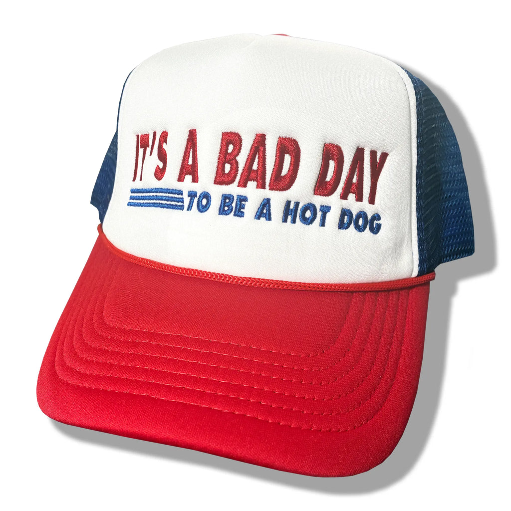 It's a Bad Day to Be a Hot Dog Embroidered Trucker Hat – Funny Meme Foam Snapback Cap, Retro Summer Statement Hat