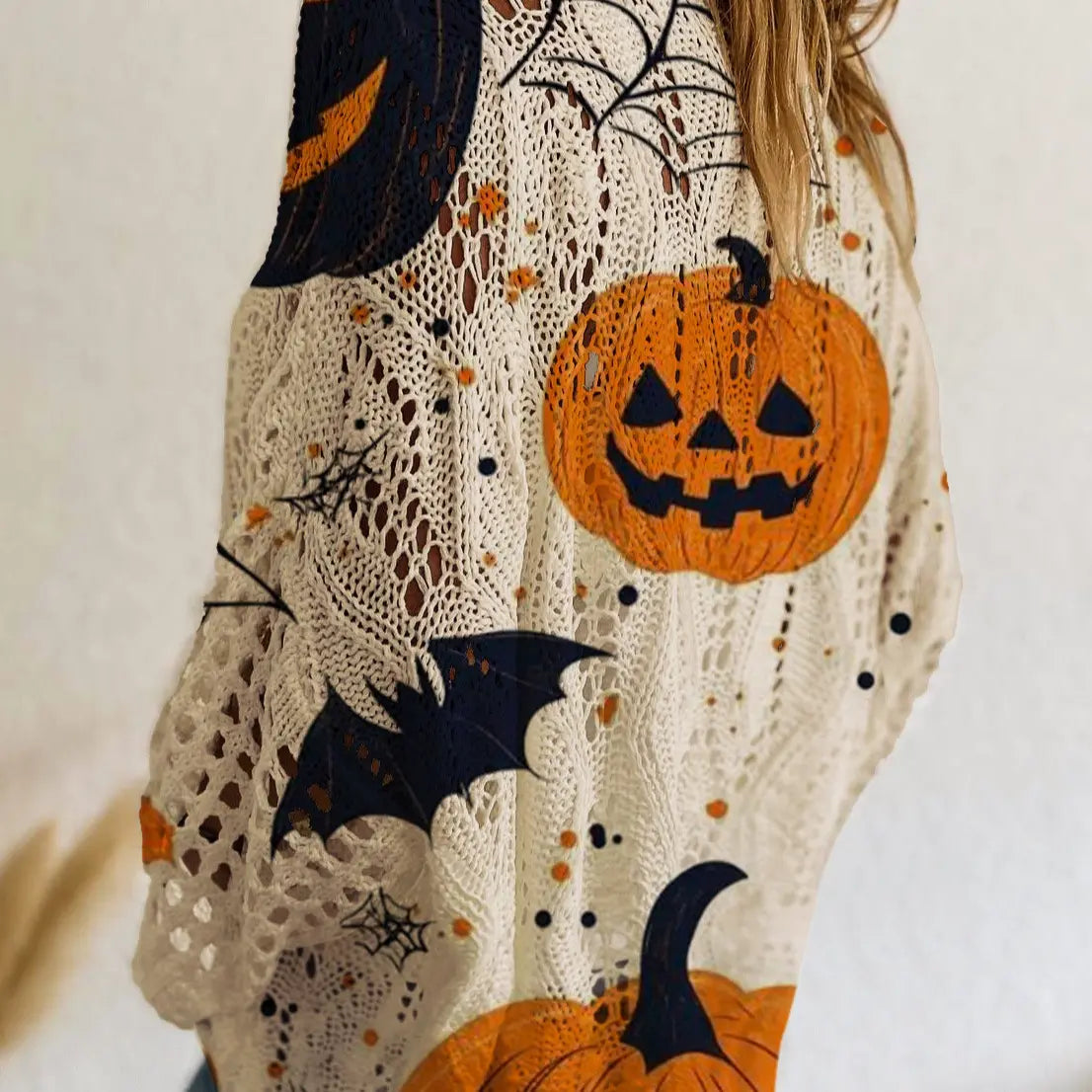 Halloween Pumpkin Bat Open Knit Sweater – Oversized Crochet Pullover with Spider Web Details, Spooky Fall Casual Knit Top
