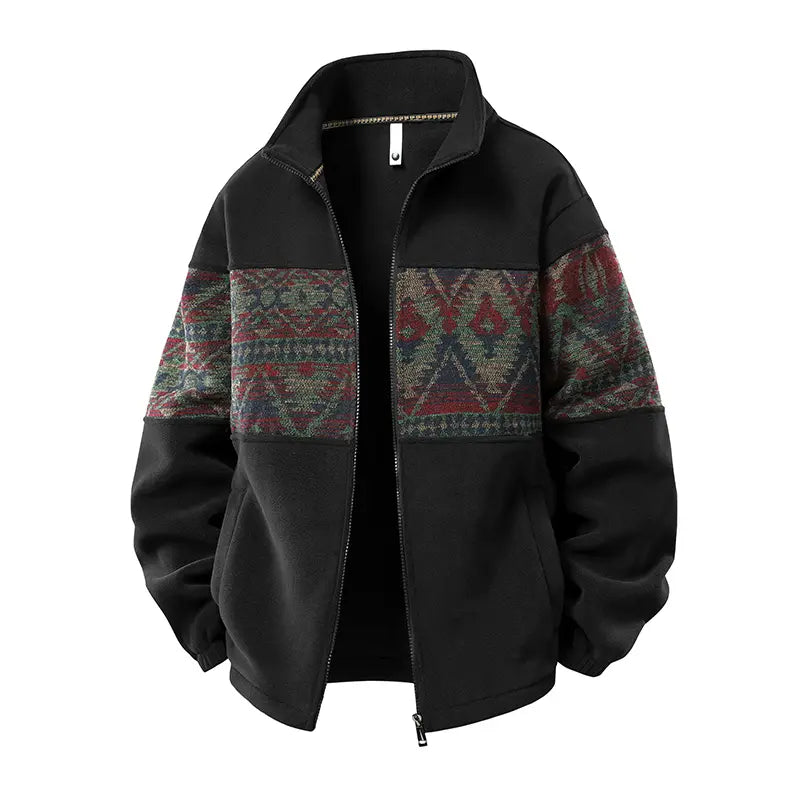 Men’s Aztec Fleece Jacket – Southwestern Pattern Full-Zip Coat, Cozy Stand Collar Casual Fall & Winter Outerwear
