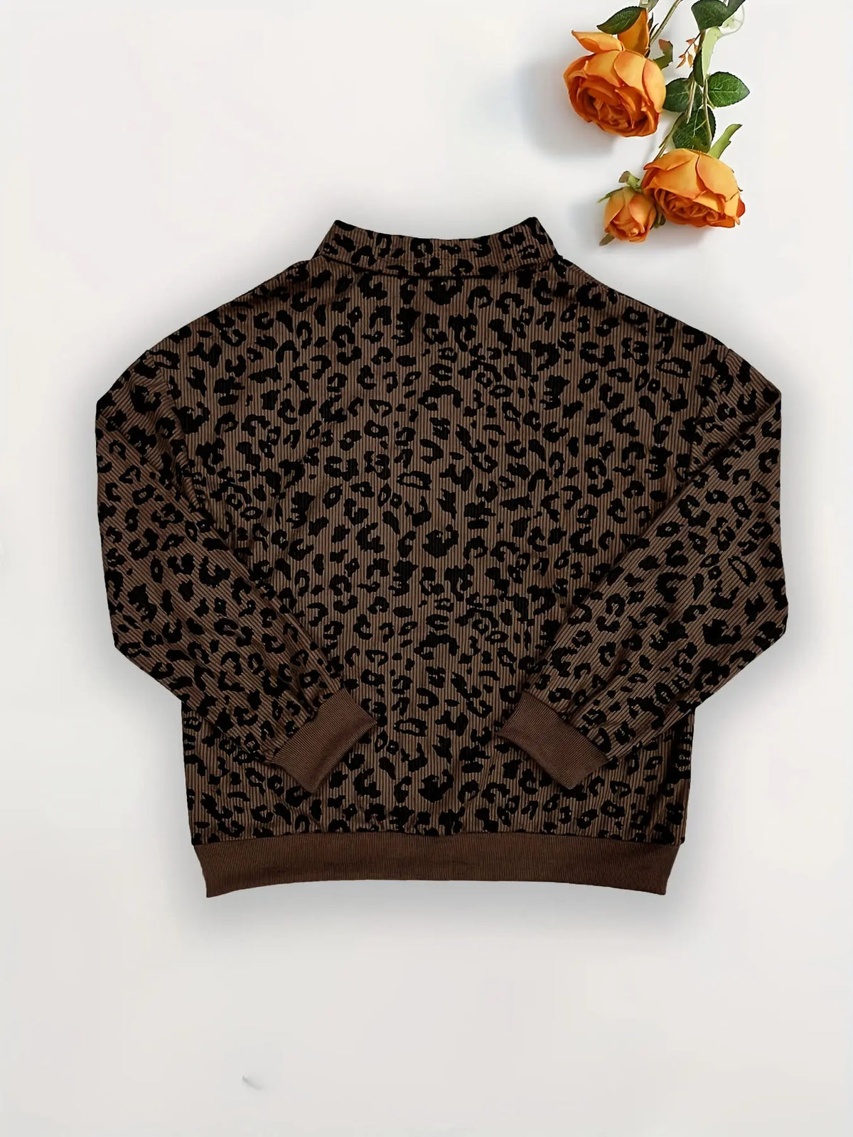 Women's Leopard Print Half Zip Pullover – Oversized Drop Shoulder Long Sleeve Top, Contrast Trim Casual Streetwear Sweatshirt