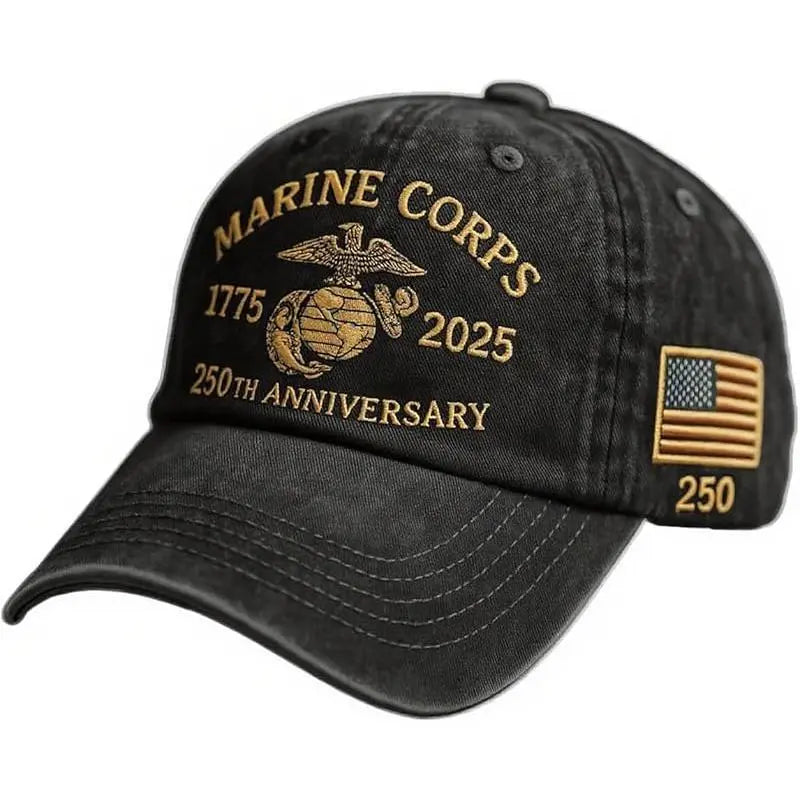 Marine Corps 250th Anniversary Embroidered Baseball Cap – 1775–2025 Vintage Washed Military Tribute Hat for Veterans & Patriots