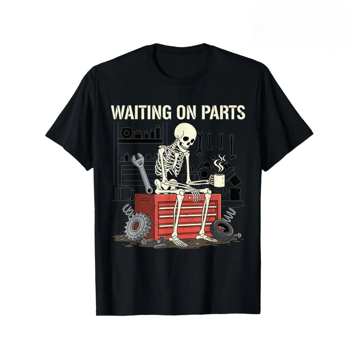Waiting on Parts Mechanic Graphic T-Shirt, Sweatshirt & Hoodie – Funny Skeleton Auto Repair Print, Garage Mechanic Gift Apparel