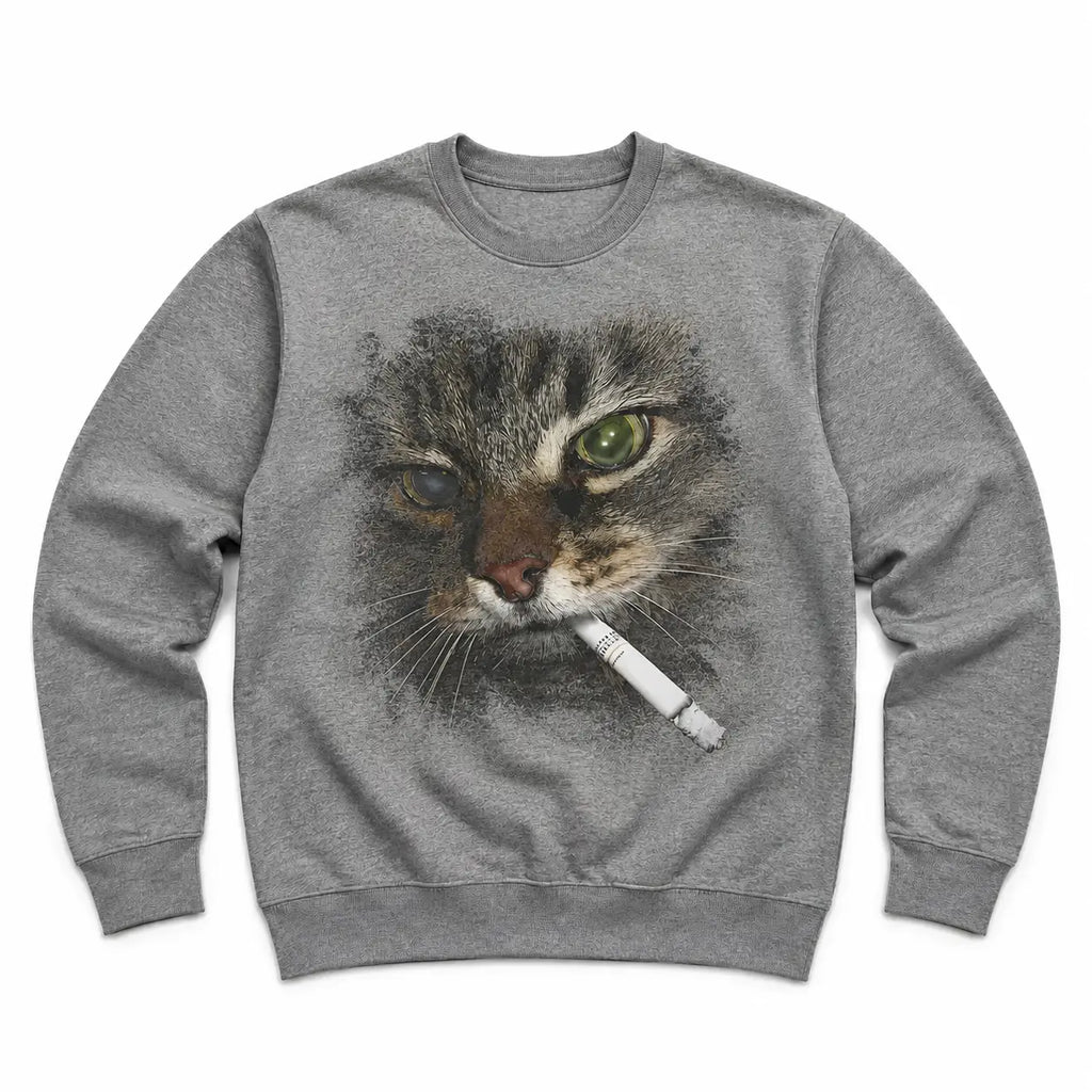 Smoking Cat T-Shirt, Sweatshirt & Hoodie – Funny Meme Cat Graphic, Retro Absurd Humor Print, Vintage Internet Humor Apparel